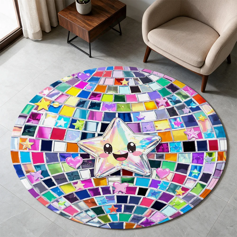 Cute Star Shaped Mosaic Pattern Round Area Rug for Kids Playroom Nursery Colorful Floor Mat