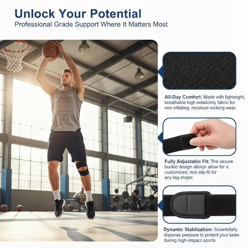Knee Support Brace with Patellar Tendon Strap, Adjustable Shock Absorption Compression Sleeve for Basketball Running