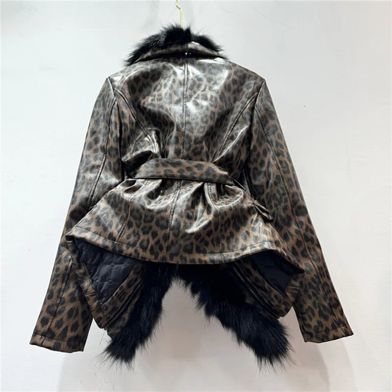 High Quality Faux Fox Fur Collar Leopard Print Imitation Leather Coat With Belt Autumn Winter New Women Biker Jacket Streetwear