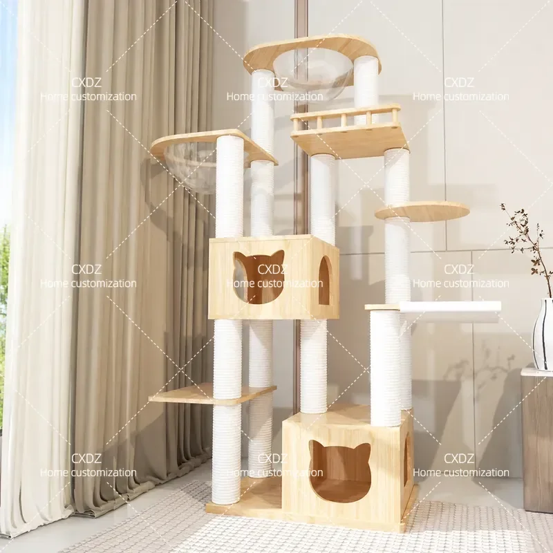 Large Solid Wood Cat Tree Luxury Space Capsule Cat Climbing Frame Integrated Cat Nest Tower Rubber Wood Pet Furniture for