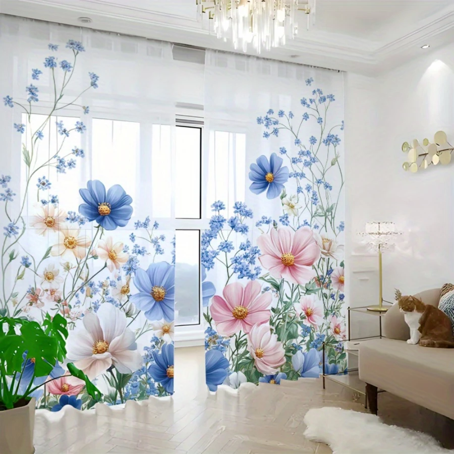 2PCS Digital Print Sheer Curtains, Blue Pink Flower Cluster, Dreamy Pastel Floral Garden for Bedroom Living Room Home Decor