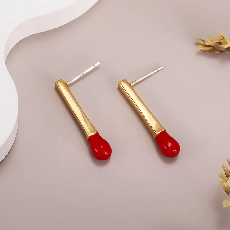 European and American retro red matchstick dripping earrings light luxury niche high-end enamel design earrings