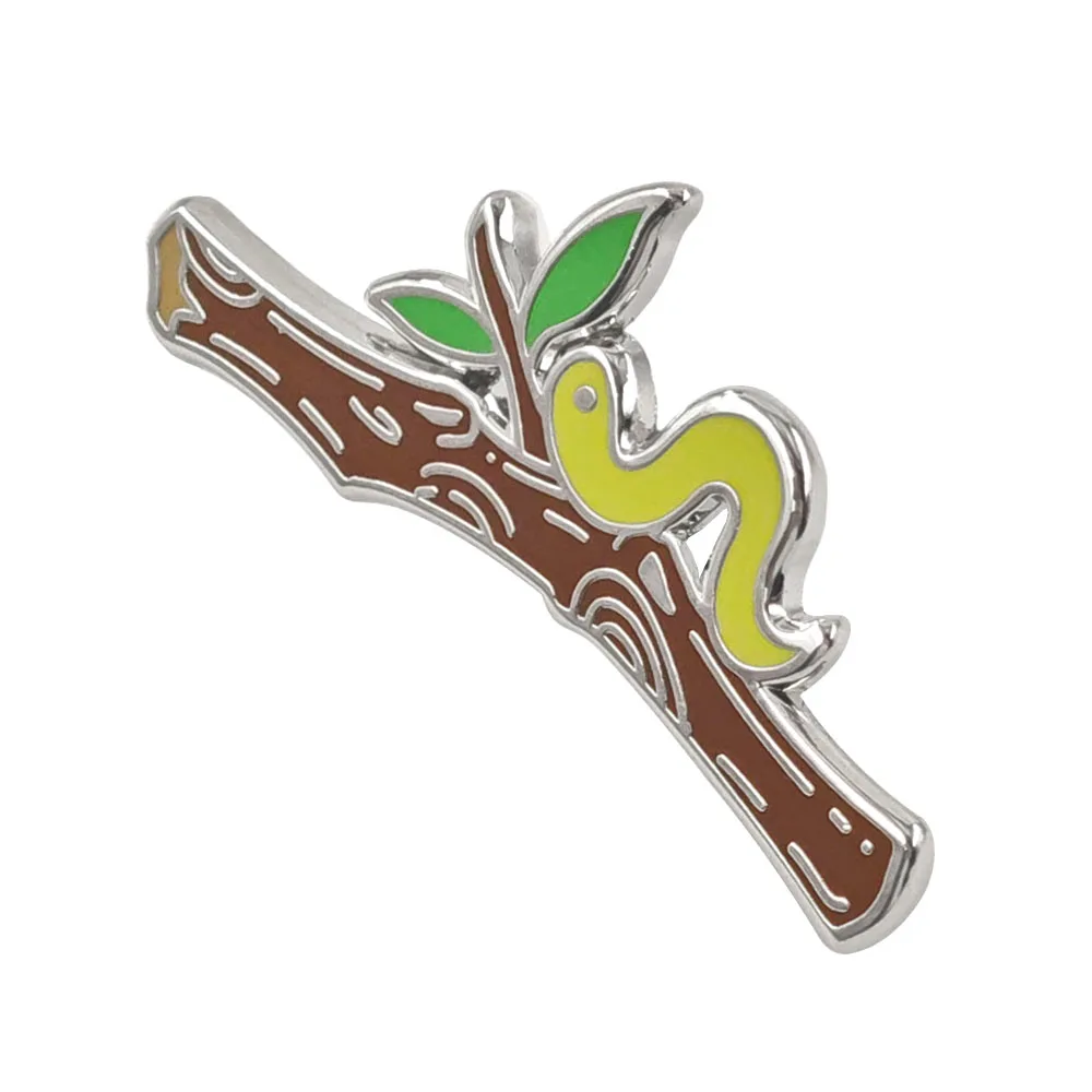 Cute Caterpillar Enamel Pin Tree Branch Green Leaf Brooch Funny Cartoon Insect Lapel Badge Nature Animal Jewelry Gift for Friend