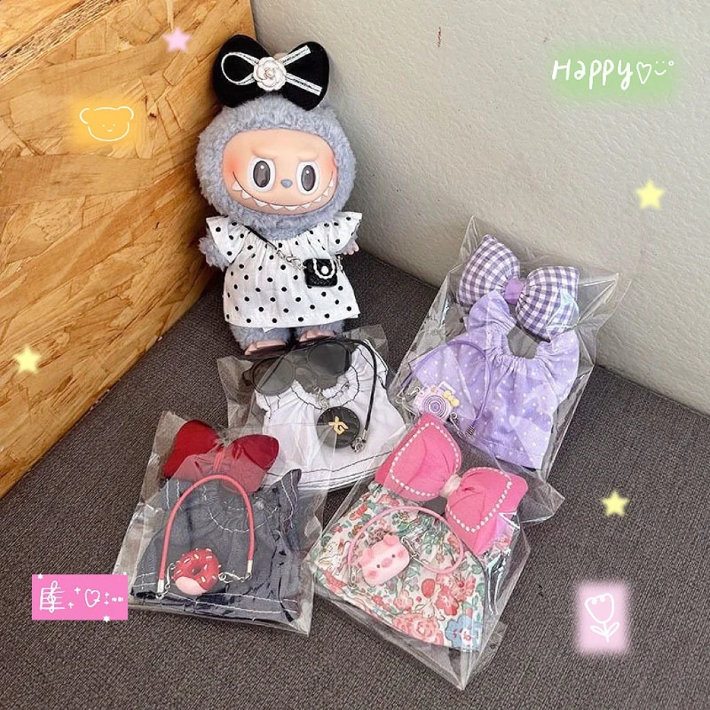 New Summer Doll Clothes Suitable for Labubu V1 V2 V3 15CM/17CM Doll Clothes Bow Set Skirt Peripheral Cartoon Toys Accessories