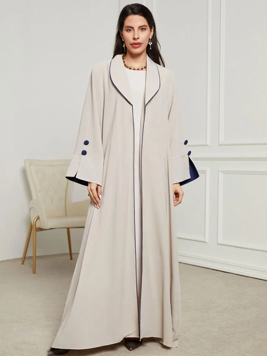 Fashion Muslim Clothing Long Dress Elegant Cardigan Contrast Color Button Robe For Woman Lapel Collar Moroccan Dubai Loose Abaya