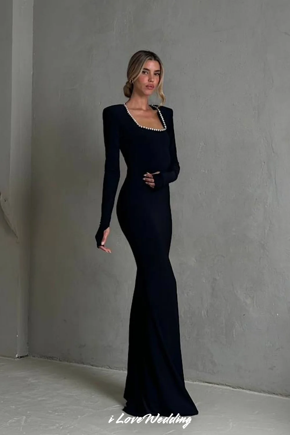 

Square Collar Long Sleeve Satin Evening Dress Mermaid Crystal Prom Dress 2025 Party Dresses Floor-Length Minimalist Customized