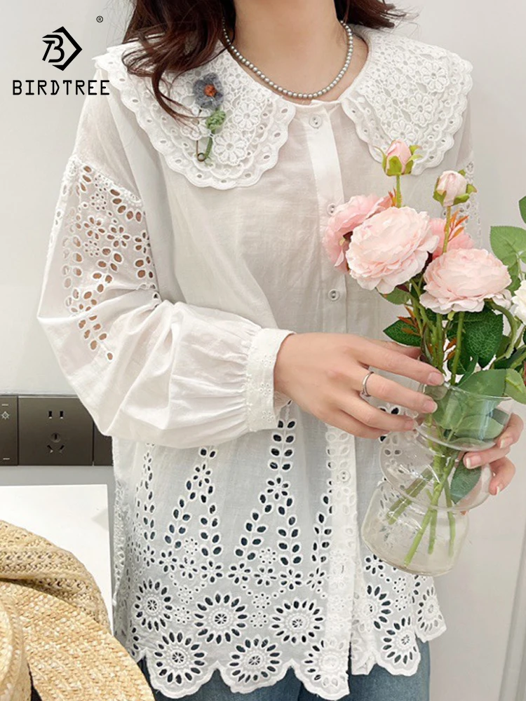 

New Summer Cotton Long Sleeve Shirt, Women Peter Pan Collar Embroidery Top, Mori Girl Casual Sweet Loose Blouses, Fall T478155QC