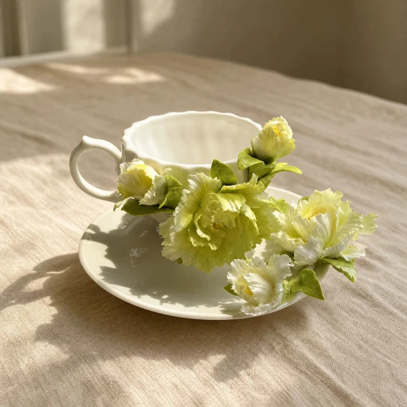 High-grade elegant ceramic intangible cultural heritage hand-squeezed peony coffee cup and saucer set water cup afternoon