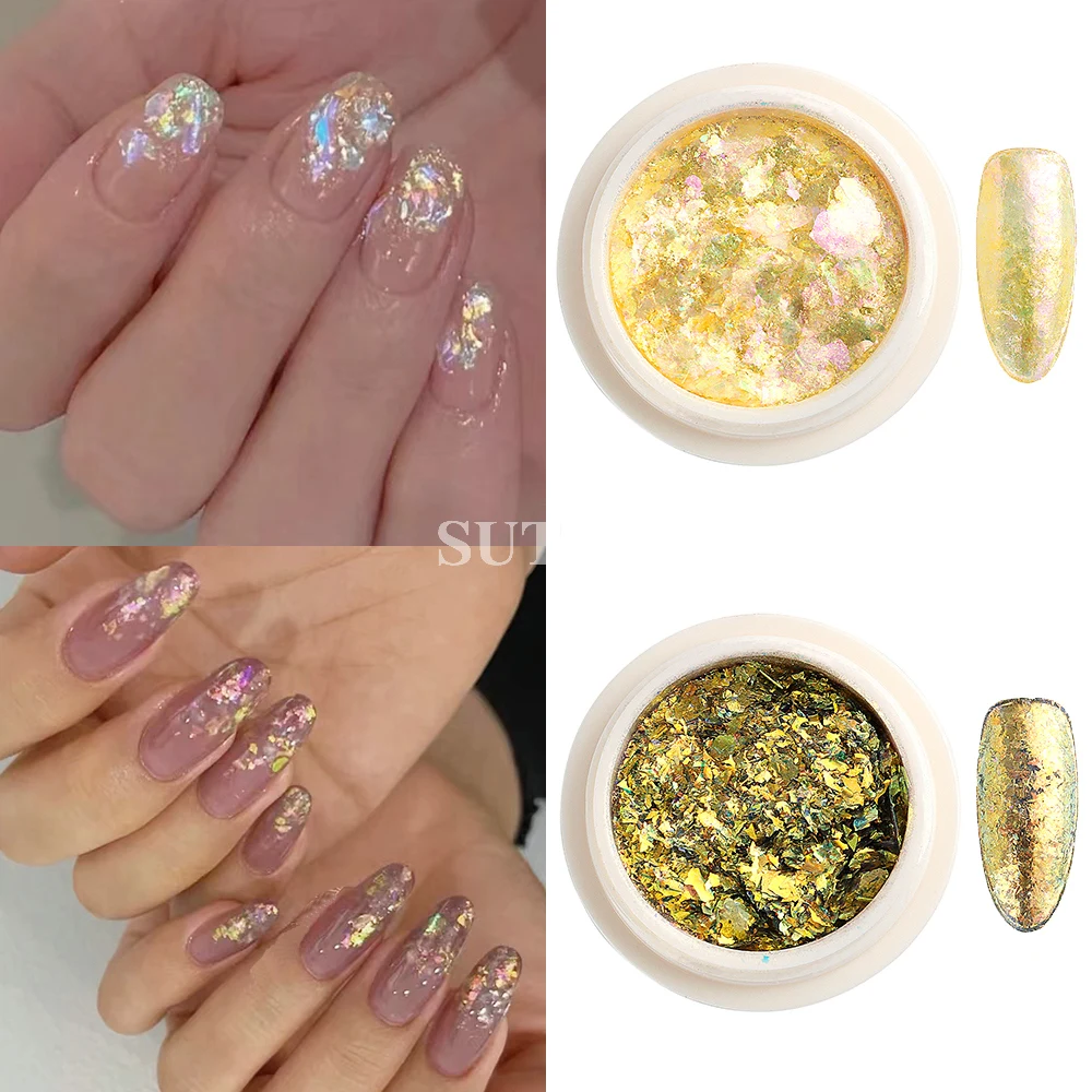 Rosa Opal iridescente Nail Flakes, Aurora Chrome Powder, Folhas de ouro para unhas, Pigmento camaleão, Manicure Paillette, LEBB-ONB