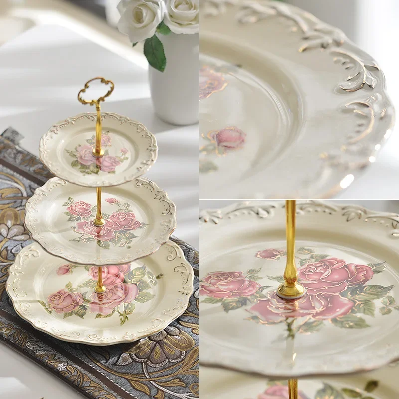 Rose Flower Hand Painted 3 Layer Cake Stand Nordic Dessert Pastry Plate Fruit Snack Dish Tableware Household Kitchenware