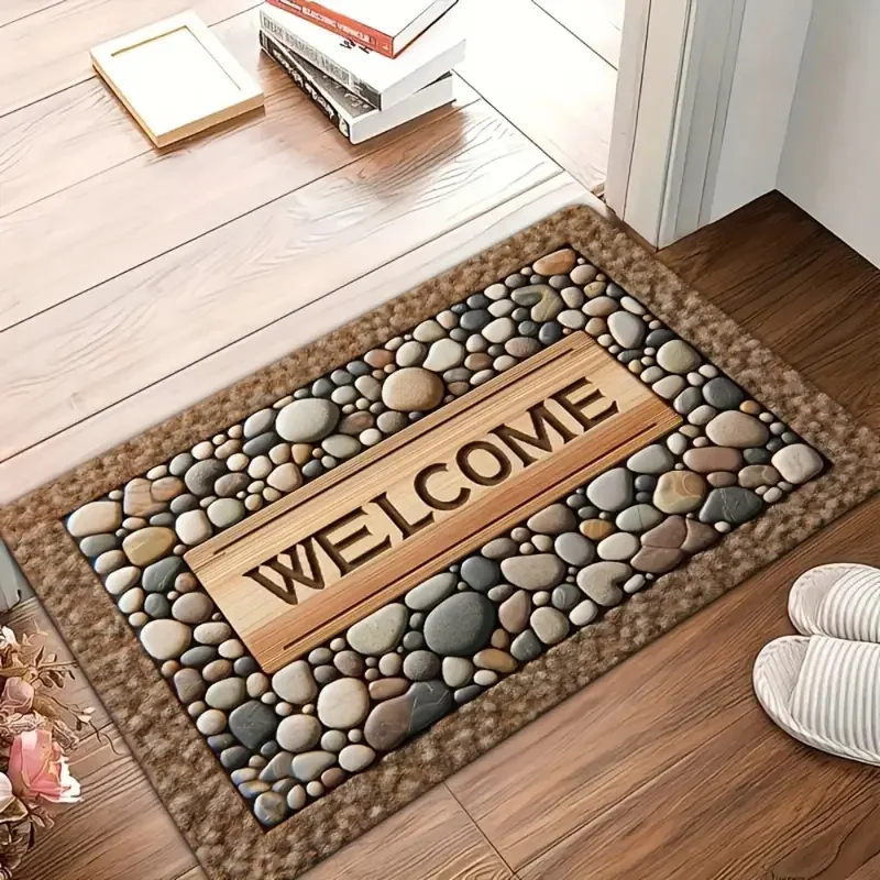 VIKAMA Welcome Stone Pebble Entrance Doormat 3D Wood Grain Print Non‑Slip Floor Mat for Front Door Entryway Indoor Home Decor