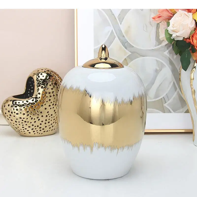 Gold-plated Ceramic Storage Jar Golden General Tea Canister Porcelain Jewelry Jars Cosmetic Containers Desk Decoration