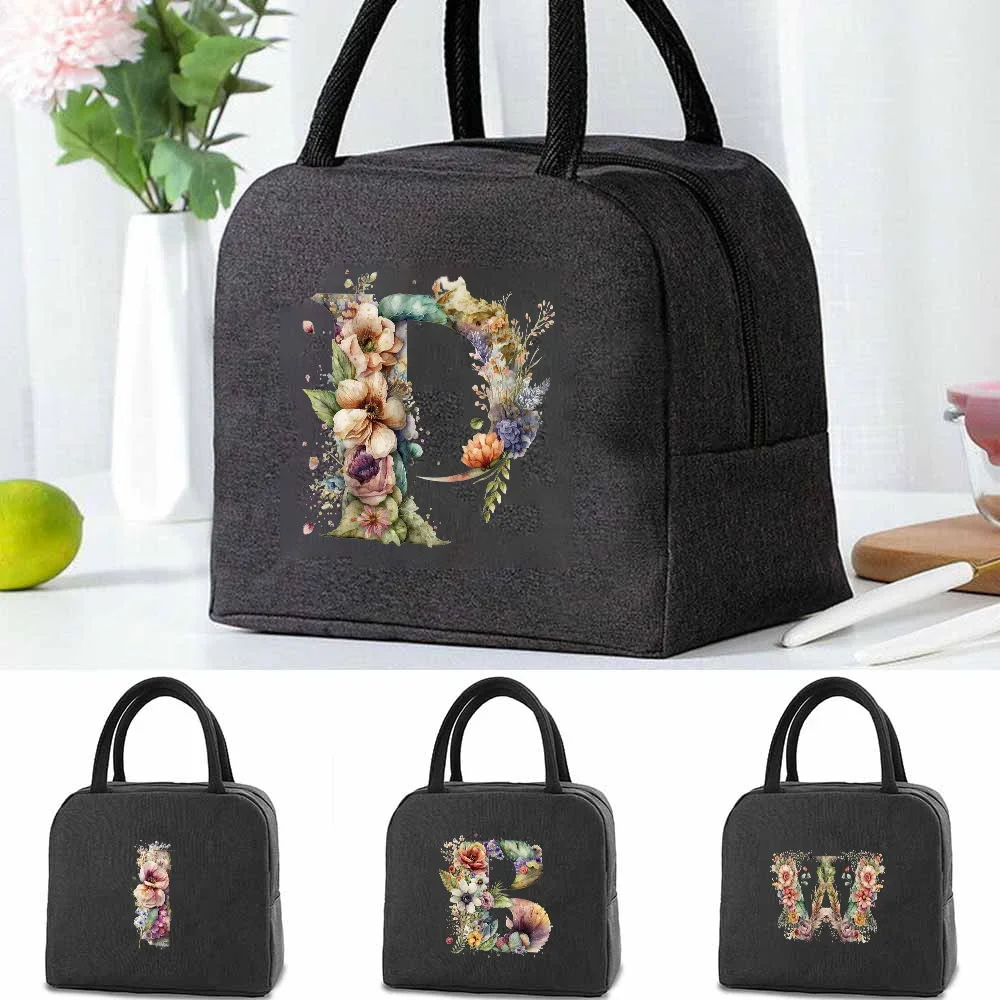 

Travel Lunch Box Picnic Insulated Box Portable Lunch Bag Cooler Tote Hangbag Floral Letter Pattern Thermal Food Container