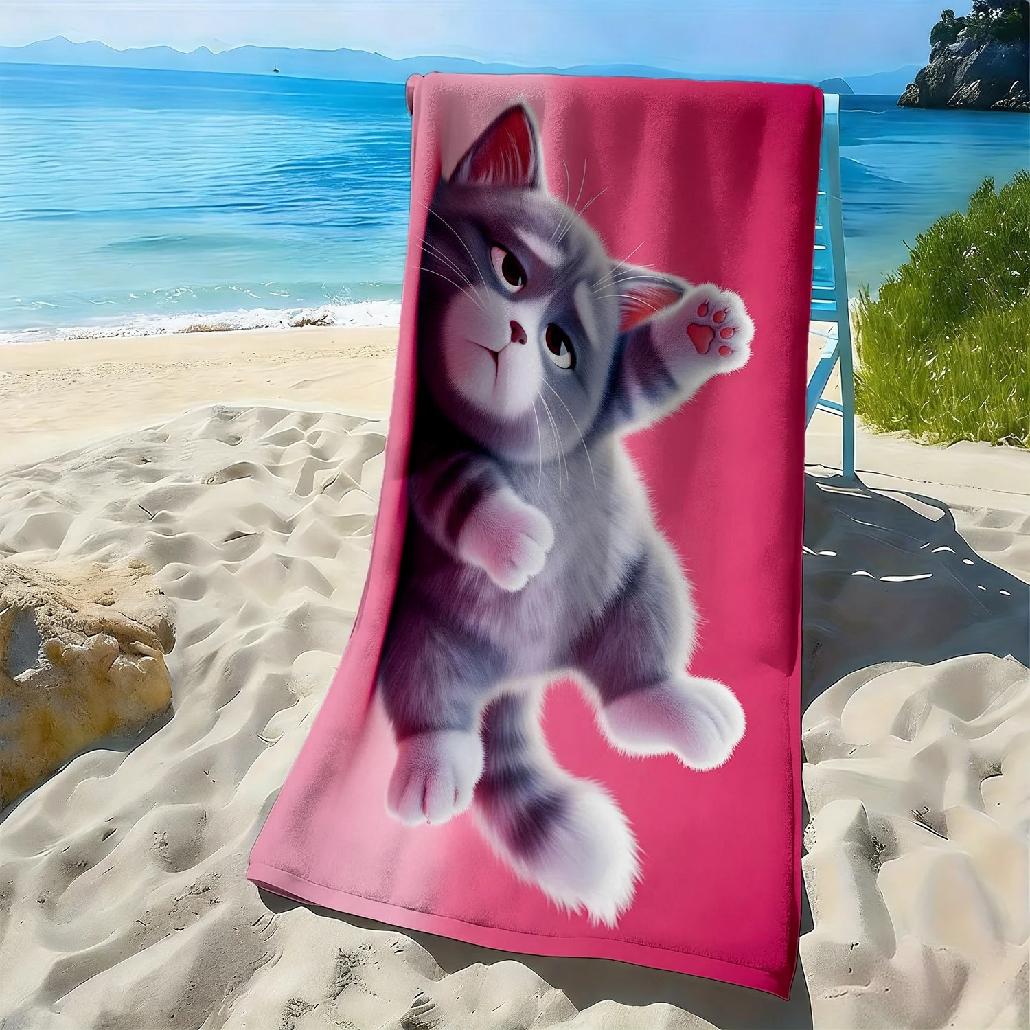 

Cute cartoon cat-style pattern polyester microfiber beach towel is highly absorbent, suitable for swimming and beach outings