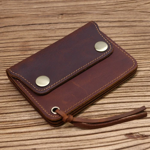 Imagen 2 del producto Cartera 100% de cuero genuino para hombre, cartera pequeña hecha a mano Vintage de marca para hombre, tarjetero con cremallera, monedero