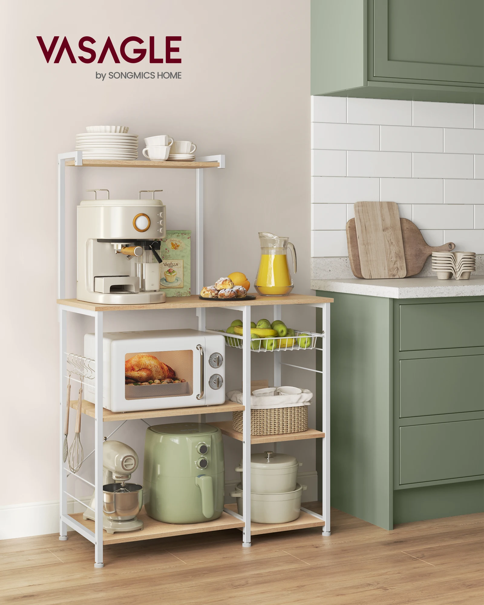 VASAGLE Baker's Rack, Microwave Stand, Kitchen Storage Rack with Wire Basket, 6 Hooks, and Shelves, for Spices, Pots