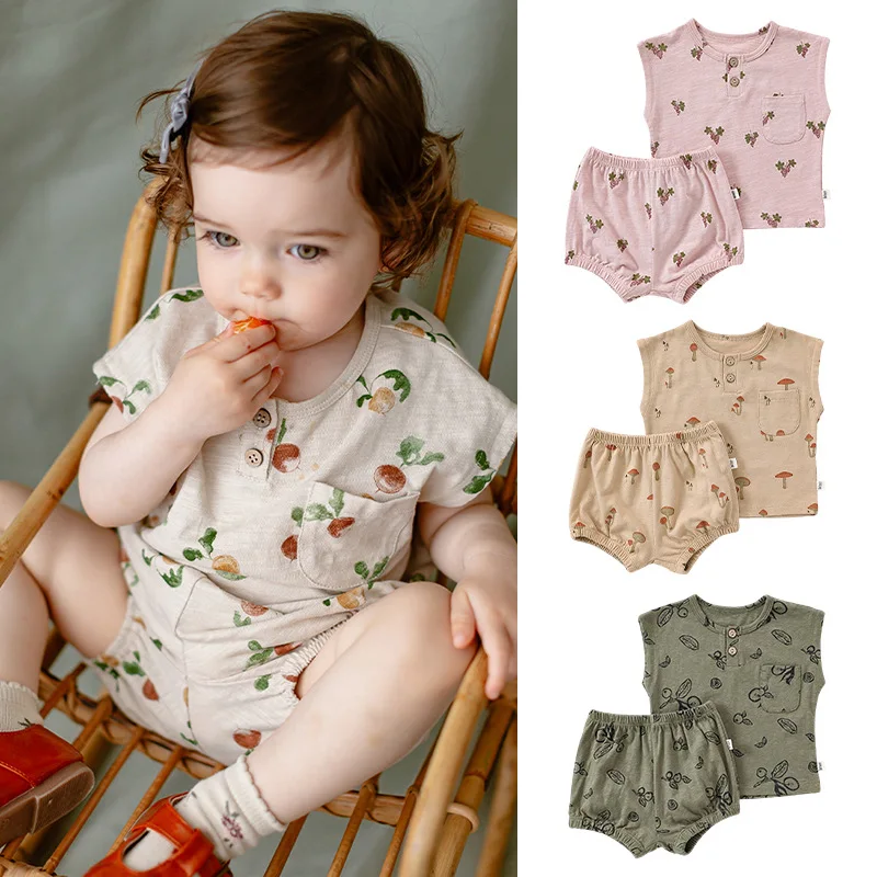 2026 Summer Nordic Style Baby Set Ins Pure Cotton Sleeveless Printed Two Piece Casual Outfit For Infant Boys Girls