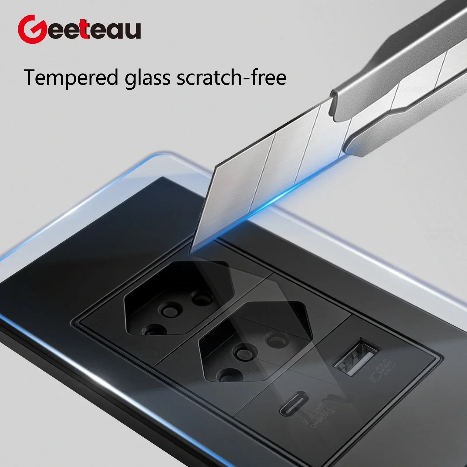 Geeteau 10A Wall Socket 20W USB Type-C Brazil Standard 4*2 White Black Tempered Glass Household Charging Outlet Electrical Panel