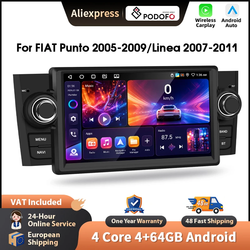 Podofo 7'' Autoradio für FIAT Punto 2005-2009/Linea 2007-2011, kabelloses CarPlay, Android-Auto-Multimedia-Stereo, WIFI, GPS-Navigation, FM/RDS, BT, 2-DIN-Headunit, HD-EQ, Touchscreen, Mirrorlink,