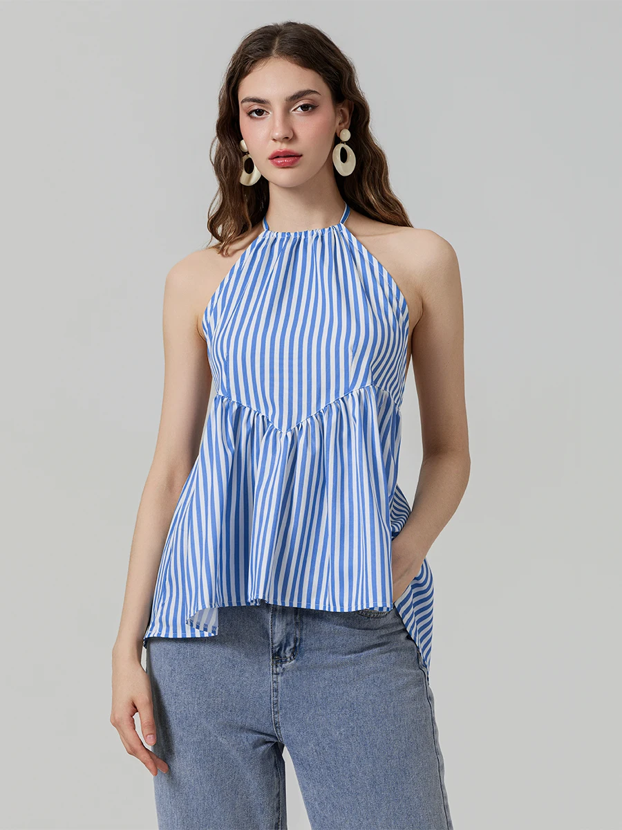 Women s Sleeveless Halter Neck Ruffle Tank Top Open Back Striped Peplum Tops Flowy Blouse Shirts