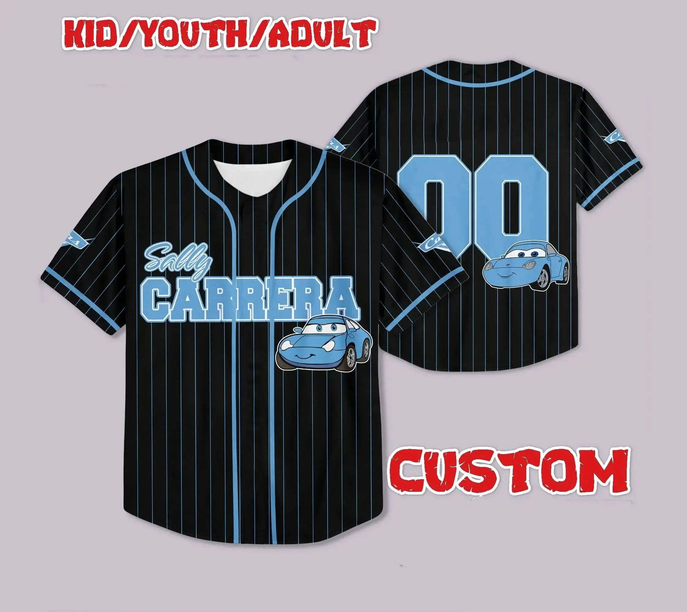 2025 الخريف ديزني الأحمر سيارة طباعة جيرسي البيسبول قميص الأطفال الشباب الكبار الأسرة الوالدين ملابس أطفال الرياضة قصيرة الأكمام