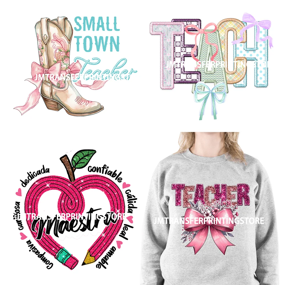 

Iron On Teach Love Insprit Print Logos Maestra Heart Pencil Bow Cowgirl Boots Small Town Teacher DTF Transfer Stickers For Shirt