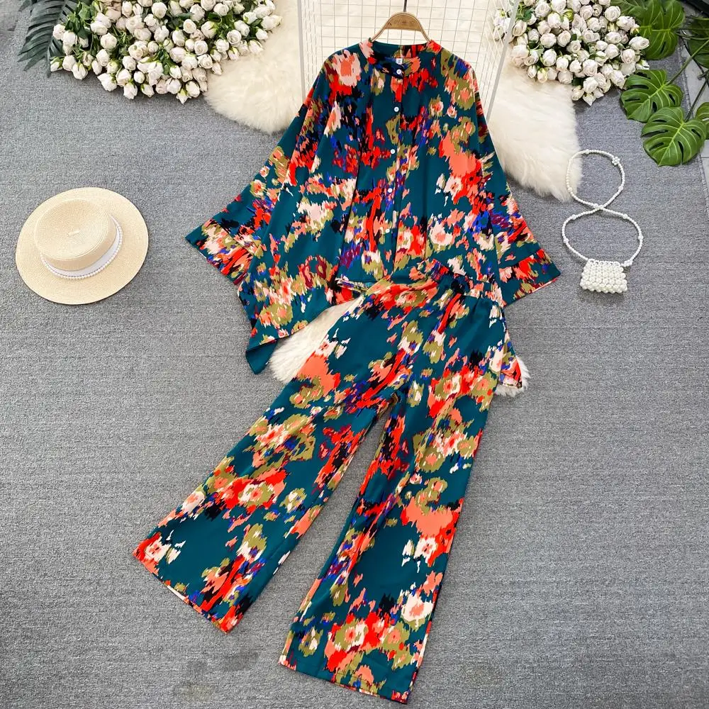 Imagem -03 - Moda Novas Mulheres Casual Loose Floral Calças Terno Boho Elegante Maxi Camisas Blusas Wide-leg Pantsuit Feminino Partido Duas Peças