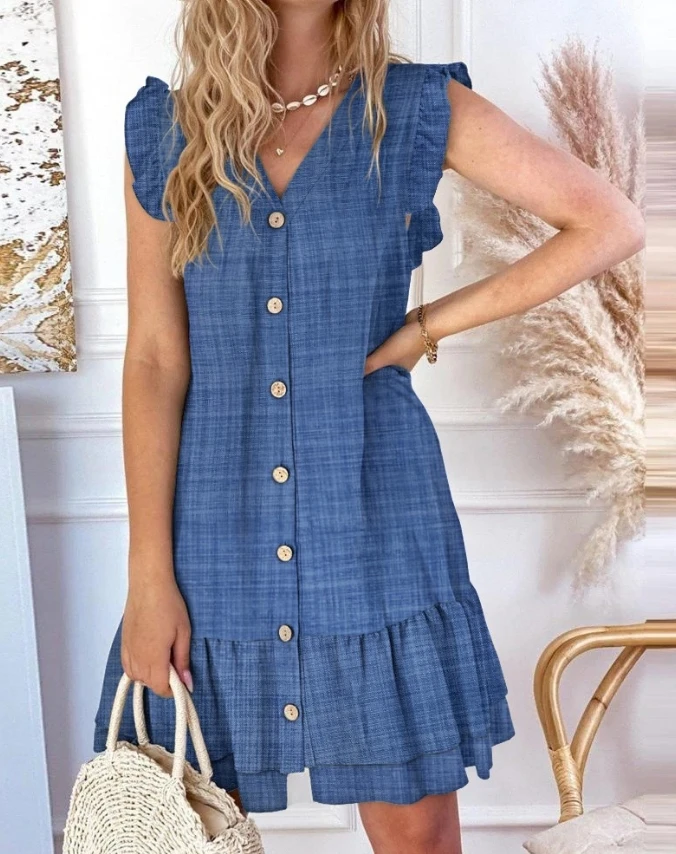 

Women's V-neck sleeveless casual style 2024 flowing sleeve pleated casual dress