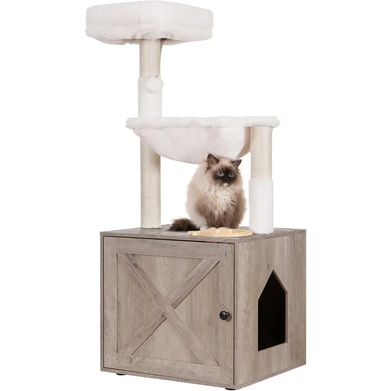 Cat Tree with Litter Box Enclosure, All-in-one Cat Tower for Indoor Cats with Large Hammock, Bed, Food Station, Scratching Posts