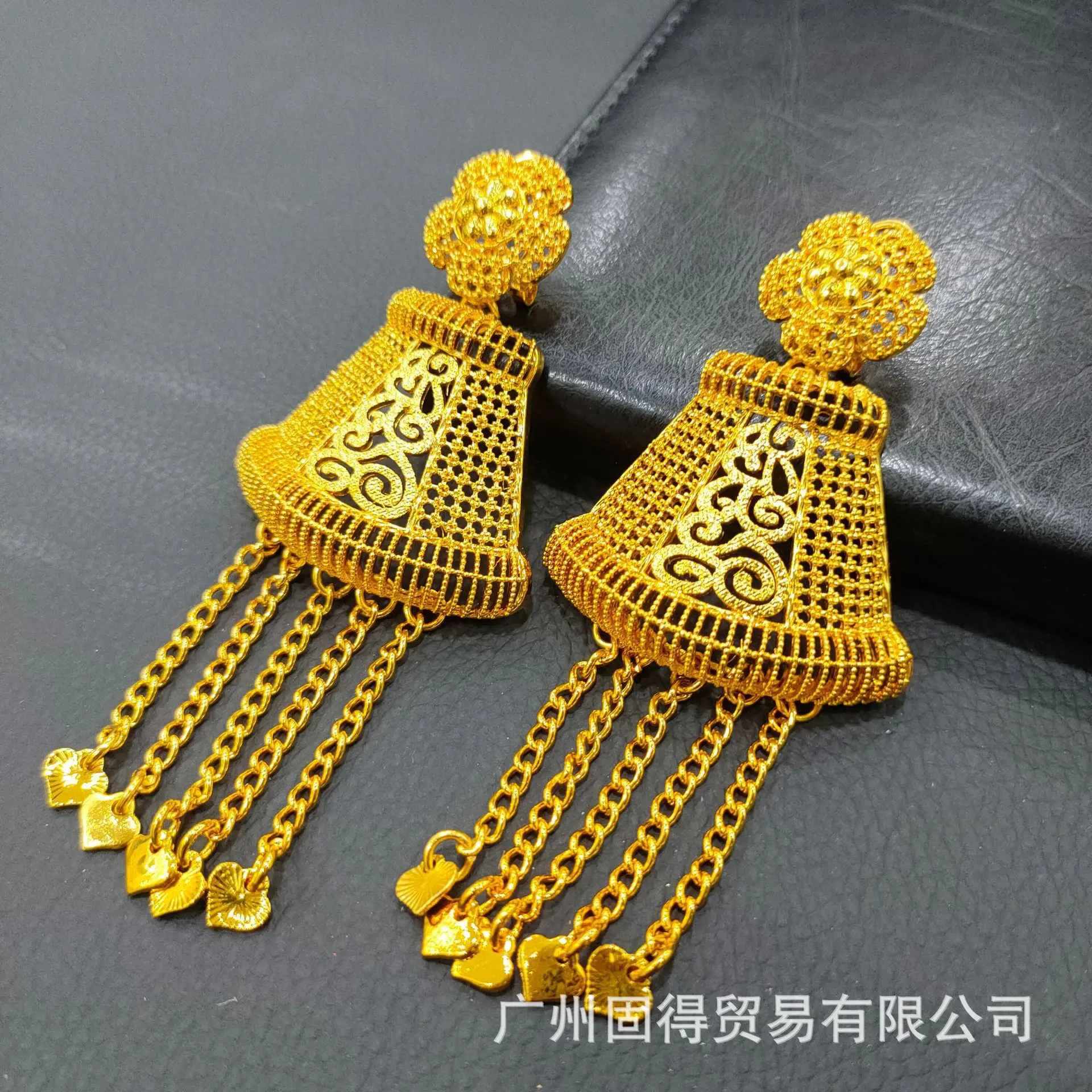 24K Gold Flower Tassel  African Indian Exaggerated Ear Jewelry Dubai Bridal Earrings