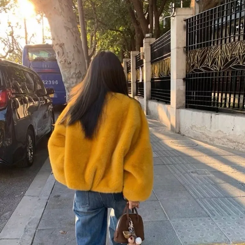 2025, mode korte jas met V-hals, imitatie nertsbontjas met bont, geïntegreerd in herfst en winter, damestemperamenttop