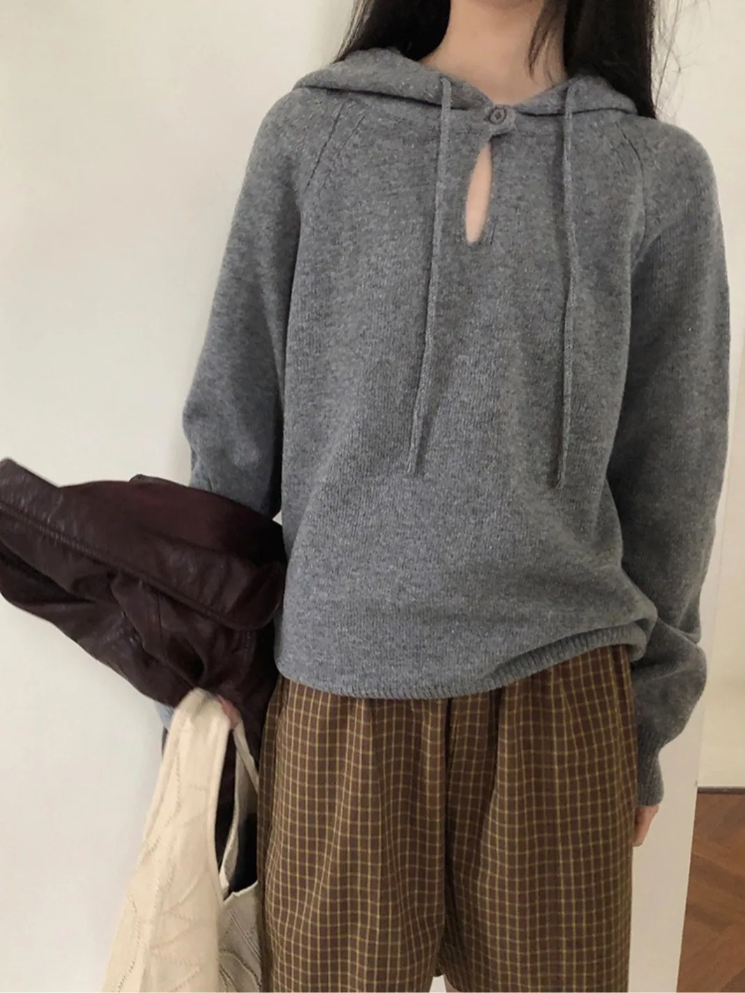 

Chic Autumn New Lazy Sle Knitted Long Sve Hoodie Women's Soft Loose Fit Button Ne Sweater Commute Sle Campus Outdoor