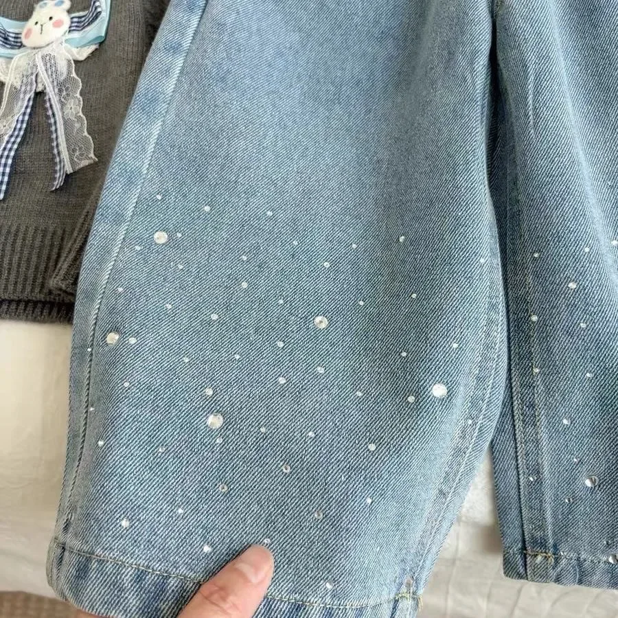 Girls Denim Jeans Spring Autumn Fashion Children's Rhinestone Wide Leg Pants Loose Trousers for Kids 80-150CM