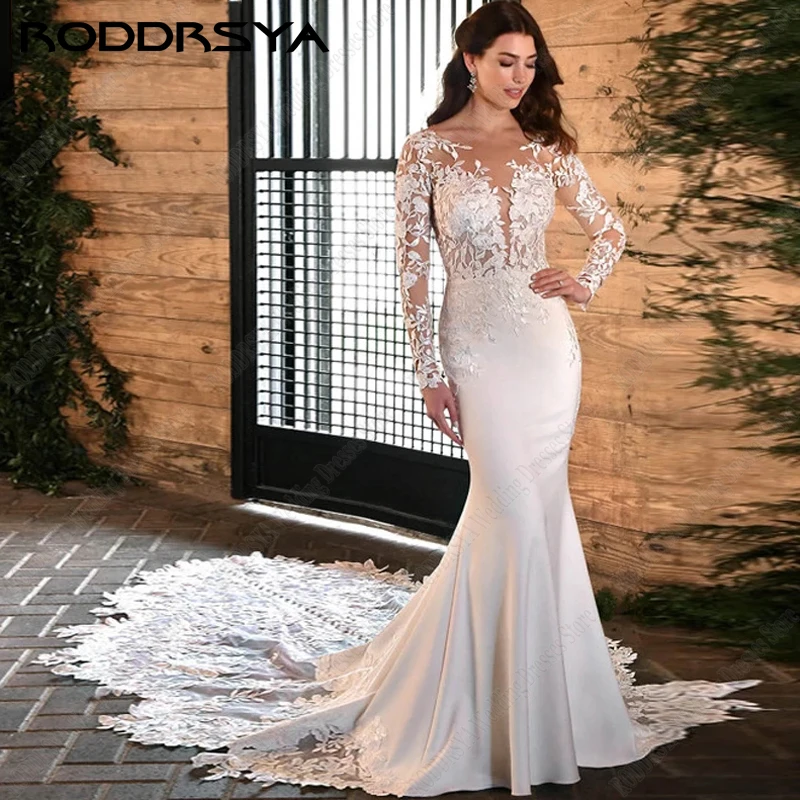 RODDRSYA Oansatz Appliques Meerjungfrau Hochzeit Kleider Für Braut Lange Sleeves Soft Satin Spitze Gericht Zug Vestidos De Noiva Mariage