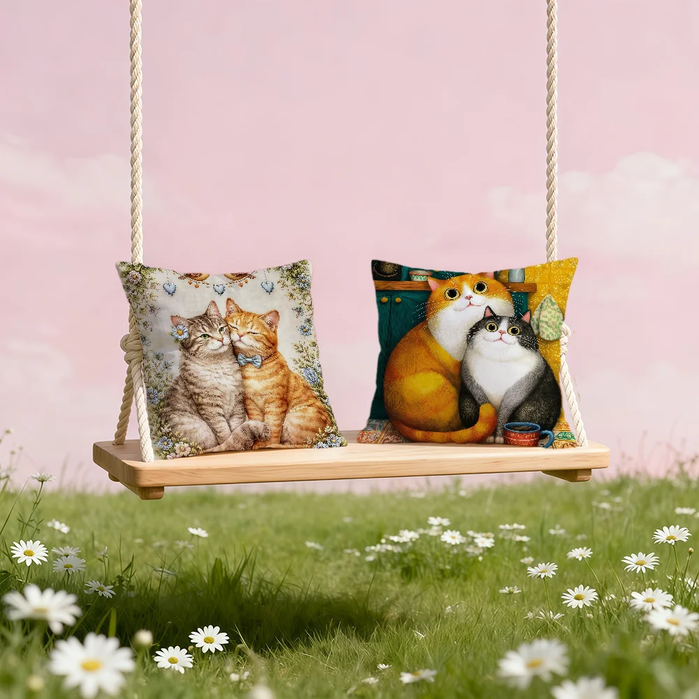 cute cat art retro soft Comfortable Pillow Case for Sofa Living Room Home office Decor Protective Covers Without Pillow-Insert