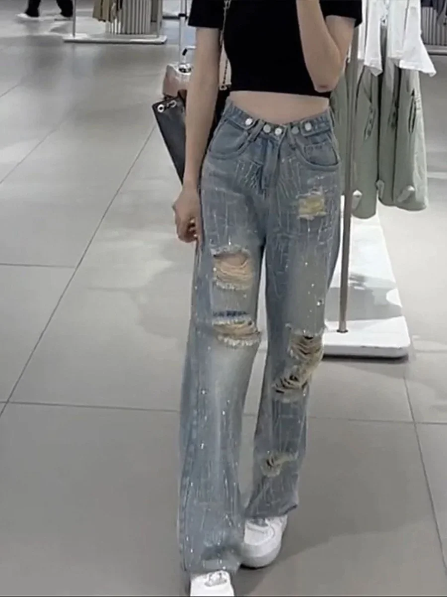 Bling Bling Sequins Hole High Waist Wide Leg Jeans 2024 New Summer Loose Straight Leg Pants Chic High Street Spicy Girl Trousers