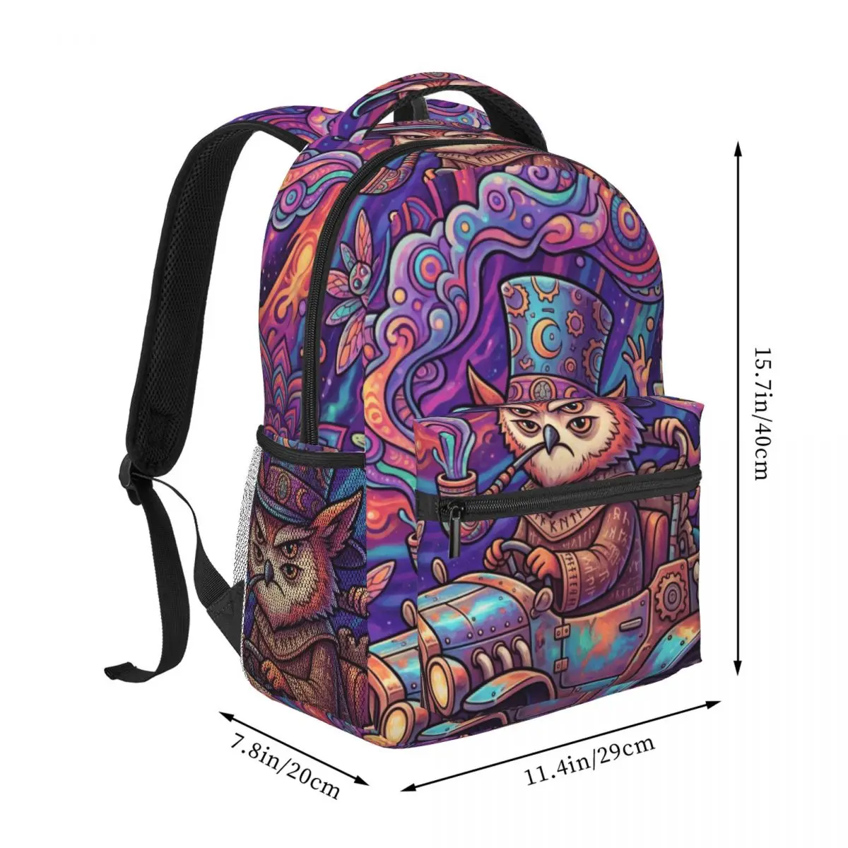 Large College Bookbag Center Psychedelic Car Whimsical Illustration Vibrant Multi Color Multi Pocket Laptop Backpack Students