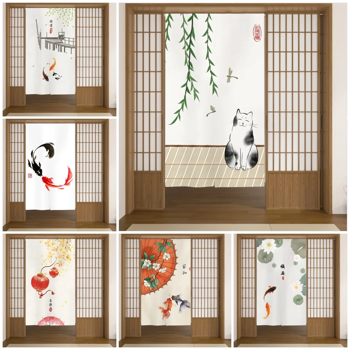 Cortinas de puerta con pintura de tinta china, cortinas japonesas para puertas divididas, cortinas opacas para comedor, cortinas de entrada de cocina, media cortina.