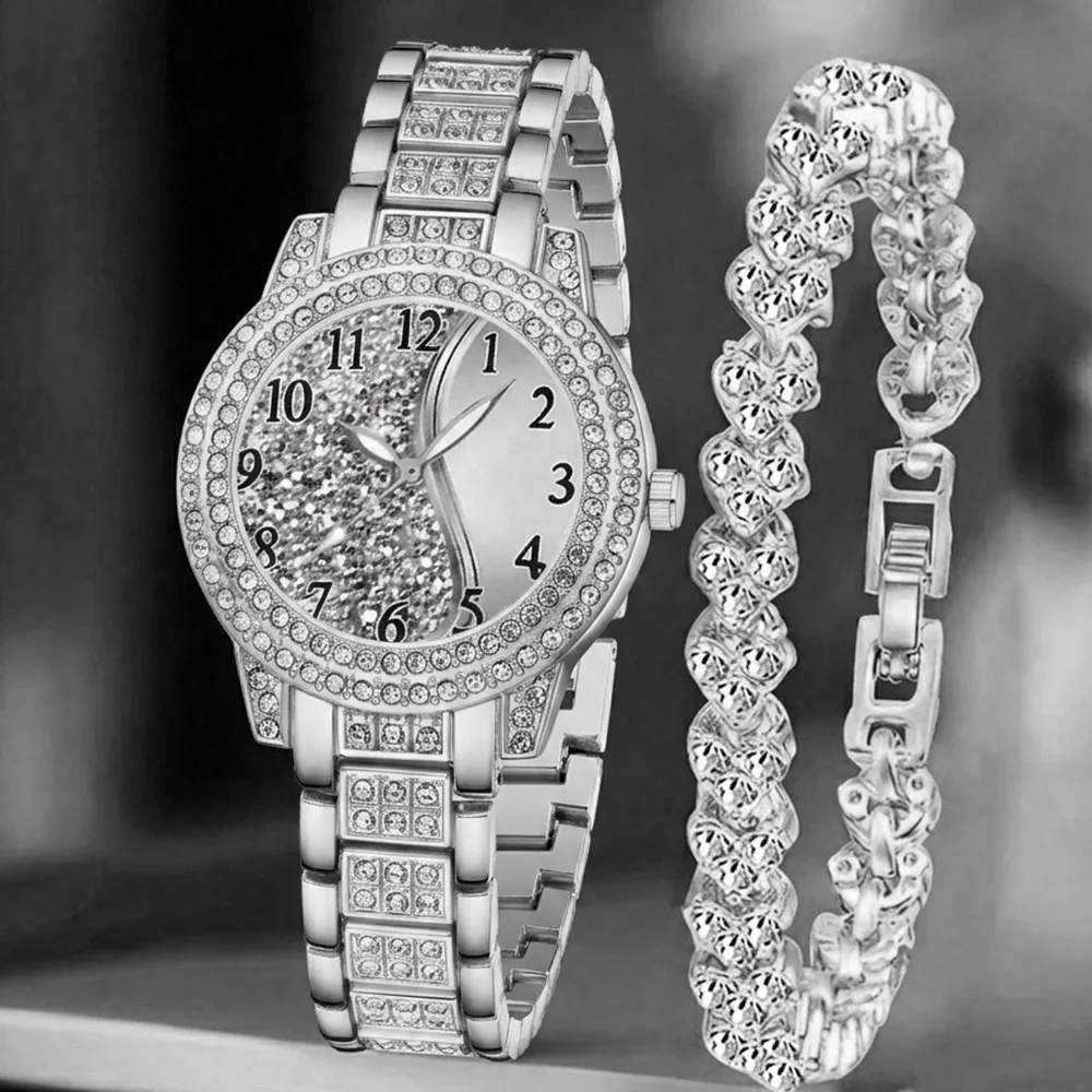2Pcs/Set Unisex Jewelry Watches Women's Wristwatch Accessories Silver Fashion Business Elegant Classic Exquisite Retro Light Luxury Rhinestone Luxury Bracelet Watch Set Y2K Suitable for Daily Outfits, Travel, Perfect Holiday Gift