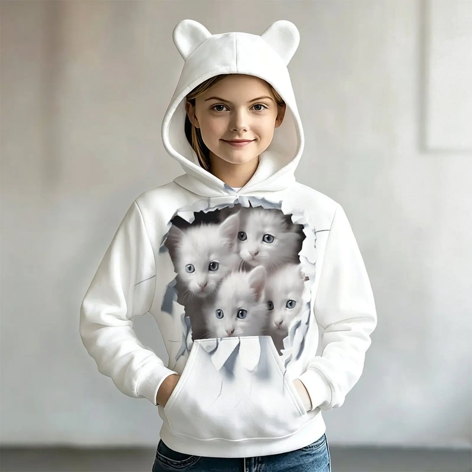 Retro Print Girls Hooded Long Sleeve Sweatshirt, Soft Breathable Skin-friendly Kids Top, Sweet Adorable Daily Outfit