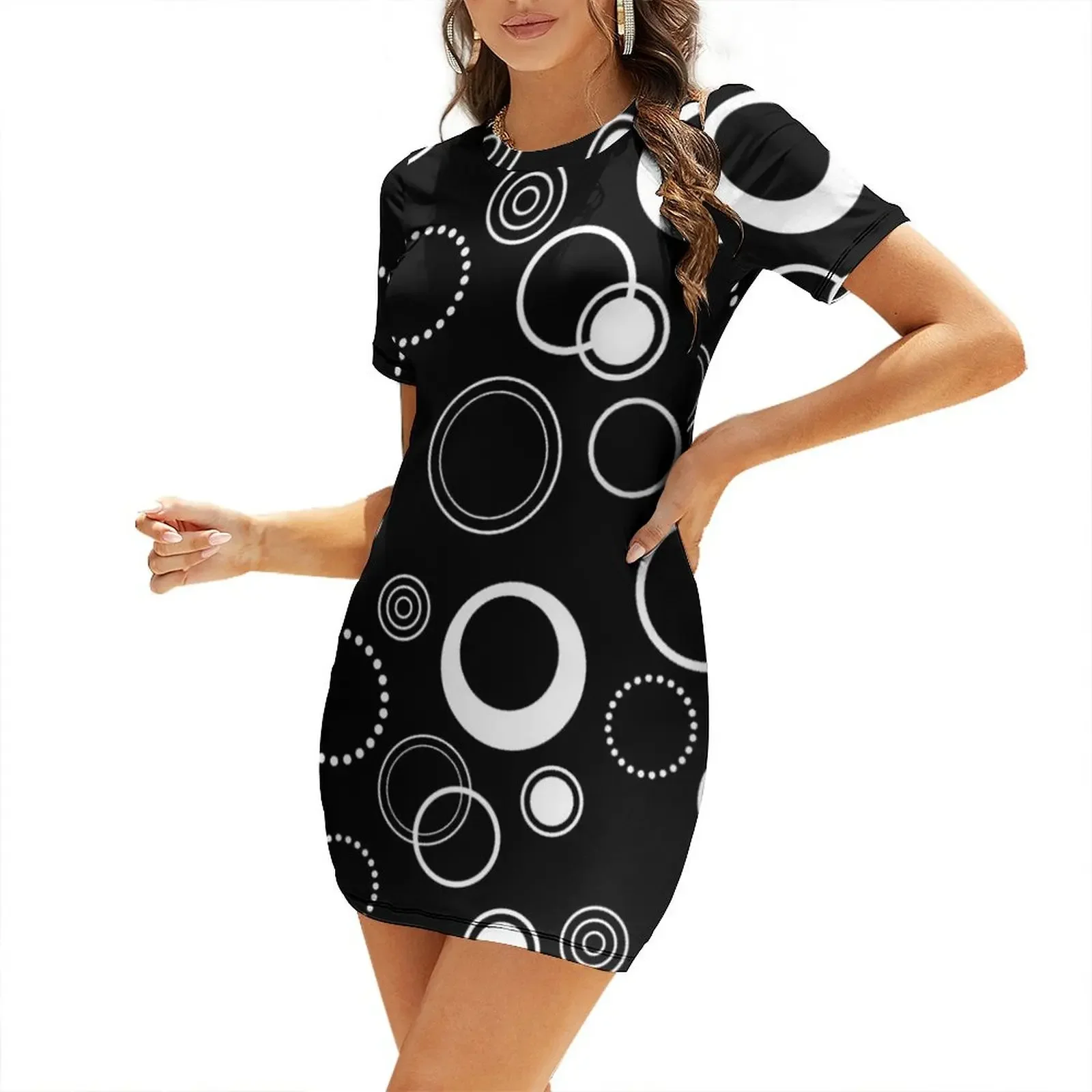 

Black and White Retro Circles Pattern Short-Sleeved Dress Casual dresses luxury evening dresses 2025 Women's evening dress Dress
