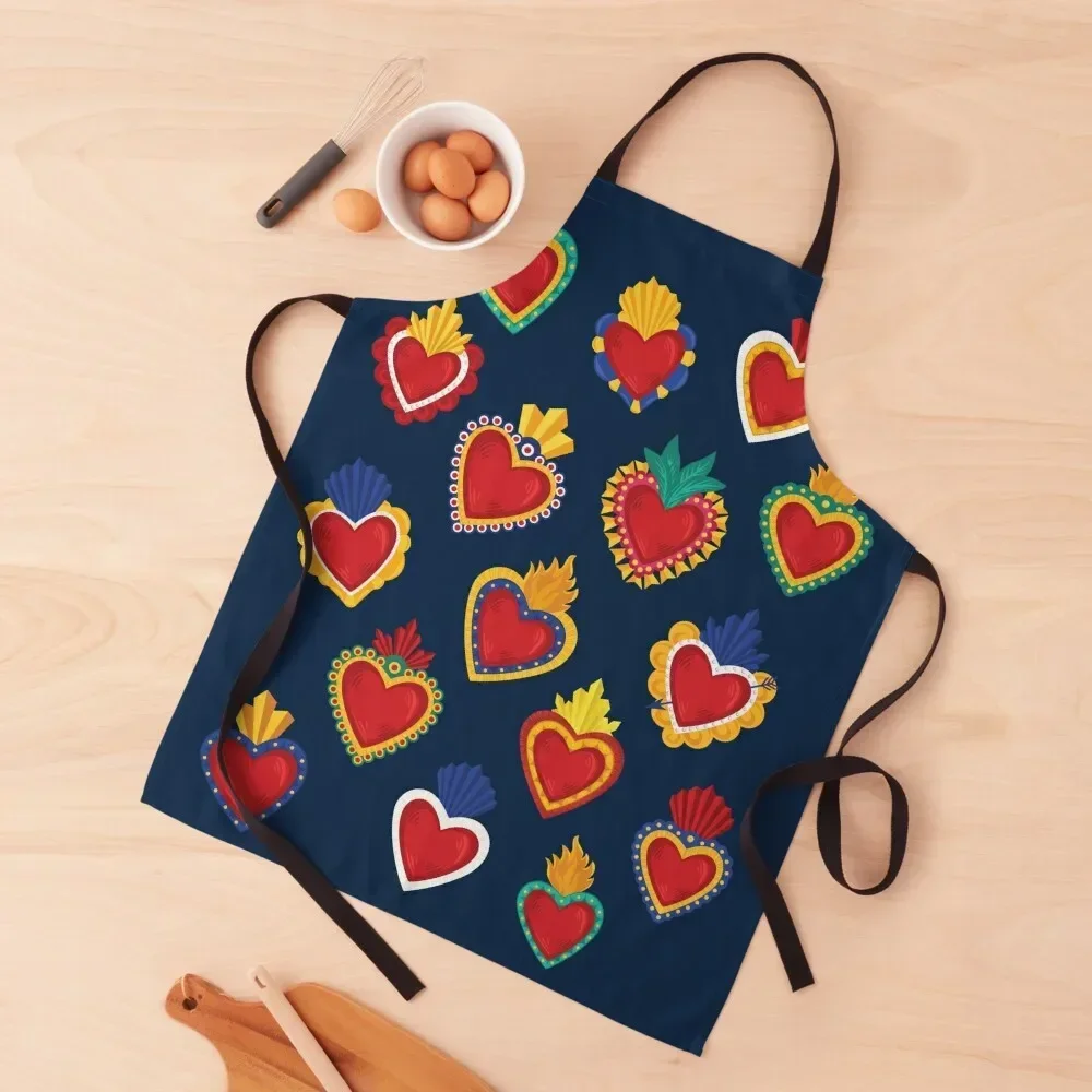 

Mexican Sacred Hearts Pattern / Blue Background by Akbaly Apron christmas decoration Kitchen Household Items Apron