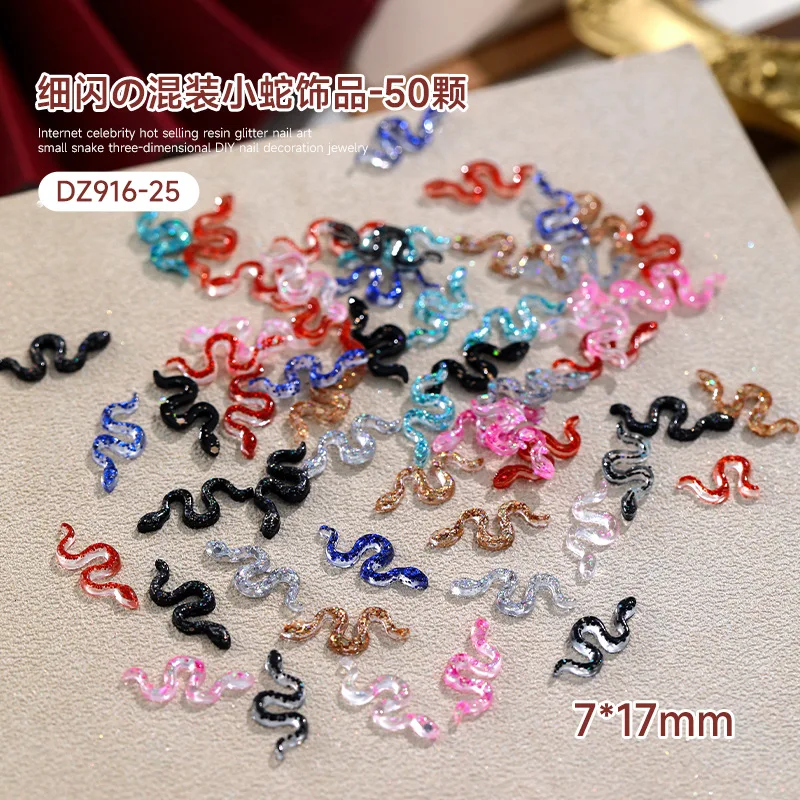

50pcs New Year 2025 Snake Nail Charms 3D Glitter Colorful Resin Snakes Nail Art Decoration DIY Flatback Crafts Nails Accessories