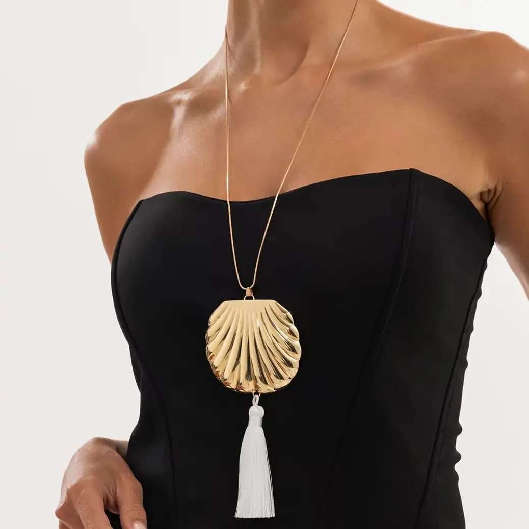 IngeSight.Z Trend Punk Metal Big Conch Tassel Pendant Necklace Women Simple Adjustable Sweater Long Thin Chain Jewelry Accessory