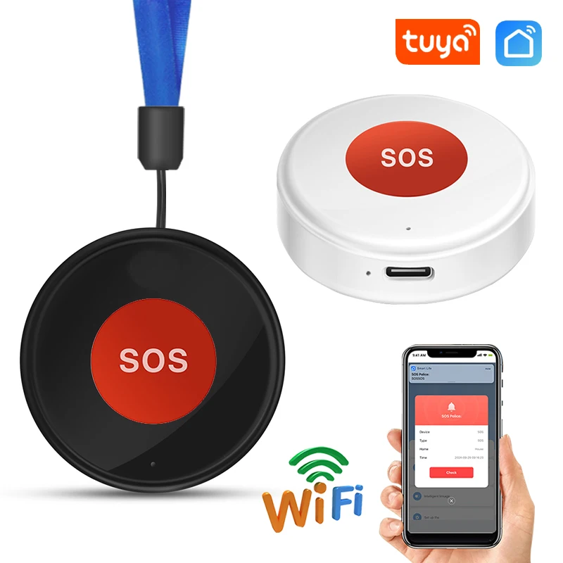 

Tuya Smart WiFi Sos Panic Button Built-In Battery Alarm For Elderly Pregnant Women/Children Usb Charging APP Alart Notification