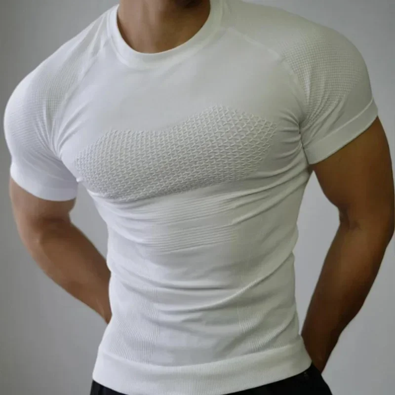 Summer Men Compression Gym Running T Shirt Breathable Short Sleeve T-Shirt Man Casual Tops Seamless Fitness Shirts Man Clothes image 3