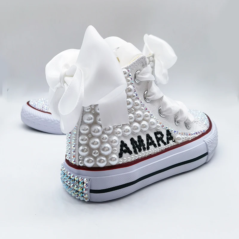 Name Custom Design Kids Shoes For Girl Communion Birthday Party Canvas Dollbling Handmade Bling Rainbow Pearls Sneakers