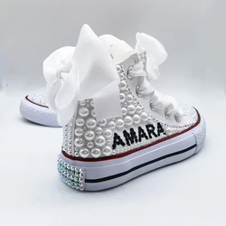 Name Custom Design Kids Shoes For Girl Communion Birthday Party Canvas Dollbling Handmade Bling Rainbow Pearls Sneakers