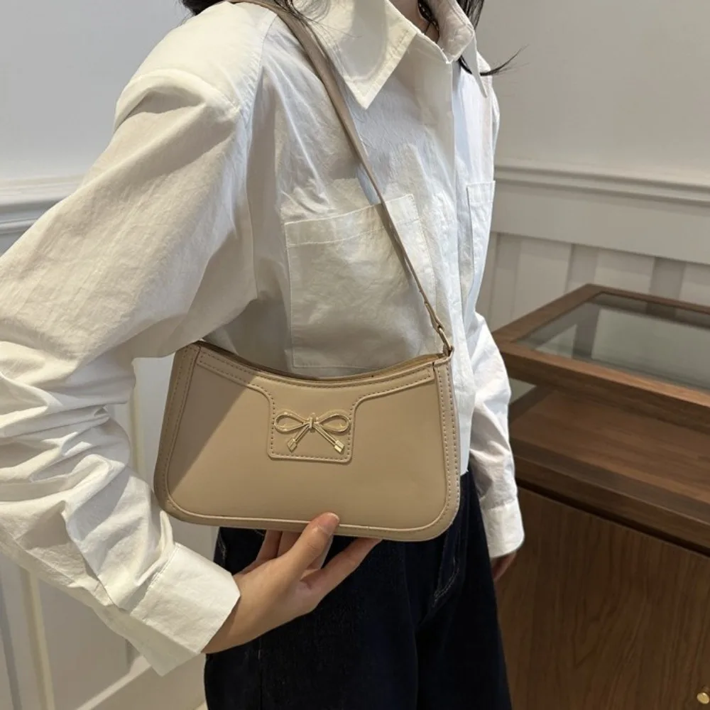 

Fashion Y2k Bow Shoulder Bag Zipper PU Leather Bowknot Underarm Bag Solid Color Handbag Women Handbag Girls