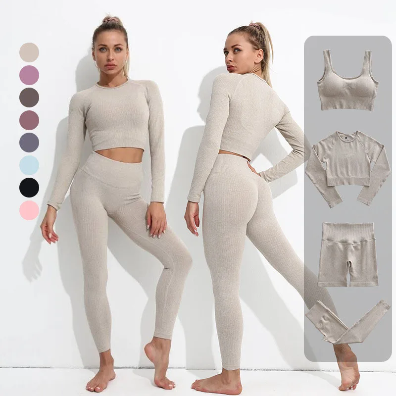 2/3/4PCS Yoga Set For Women Seamless Workout Gym Wear Fitness Sports Clothes Suits High Waist Leggings Long Sleeve Crop Top